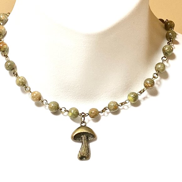 Natural Earthy Unakite Necklace, Cute Bronze Slim Mushroom + Genuine Gemstone - Picture 2 of 15